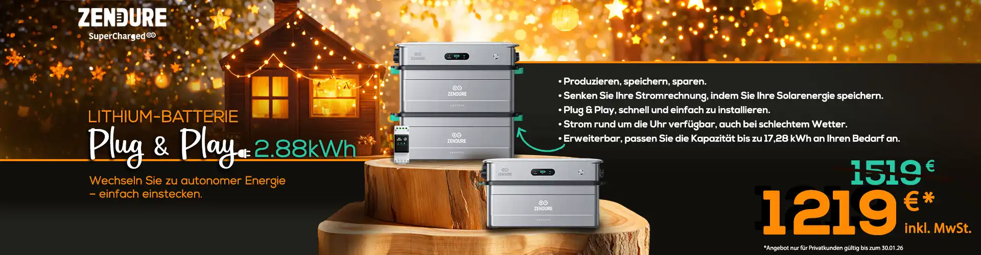 Zendure Plug-and-Play-Lithiumbatterie zum Preis von 1219 € inklusive MwSt. statt 1519 €.